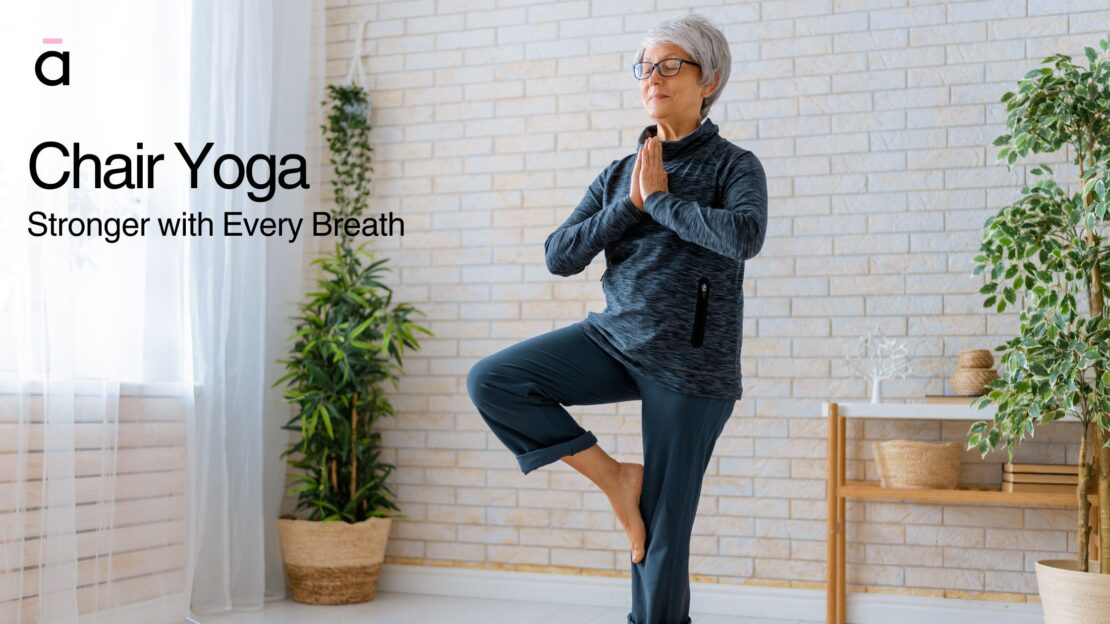 Senior using chair support in a modified tree pose—highlighting how chair yoga improves balance and posture.