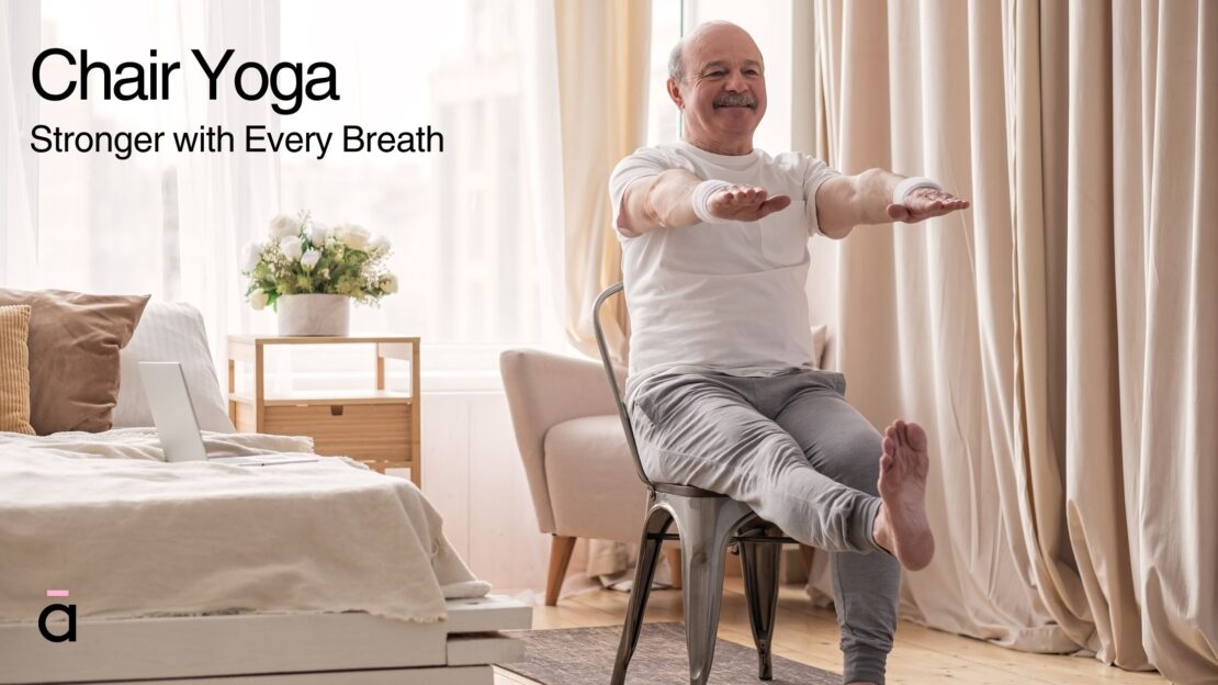 Older adult performing seated leg lifts in a chair yoga session, showing strength-building benefits of chair yoga.