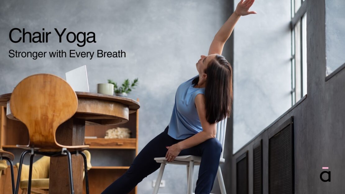 A woman in a gentle seated spinal side stretch during in a chair, promoting joint flexibility and comfort.