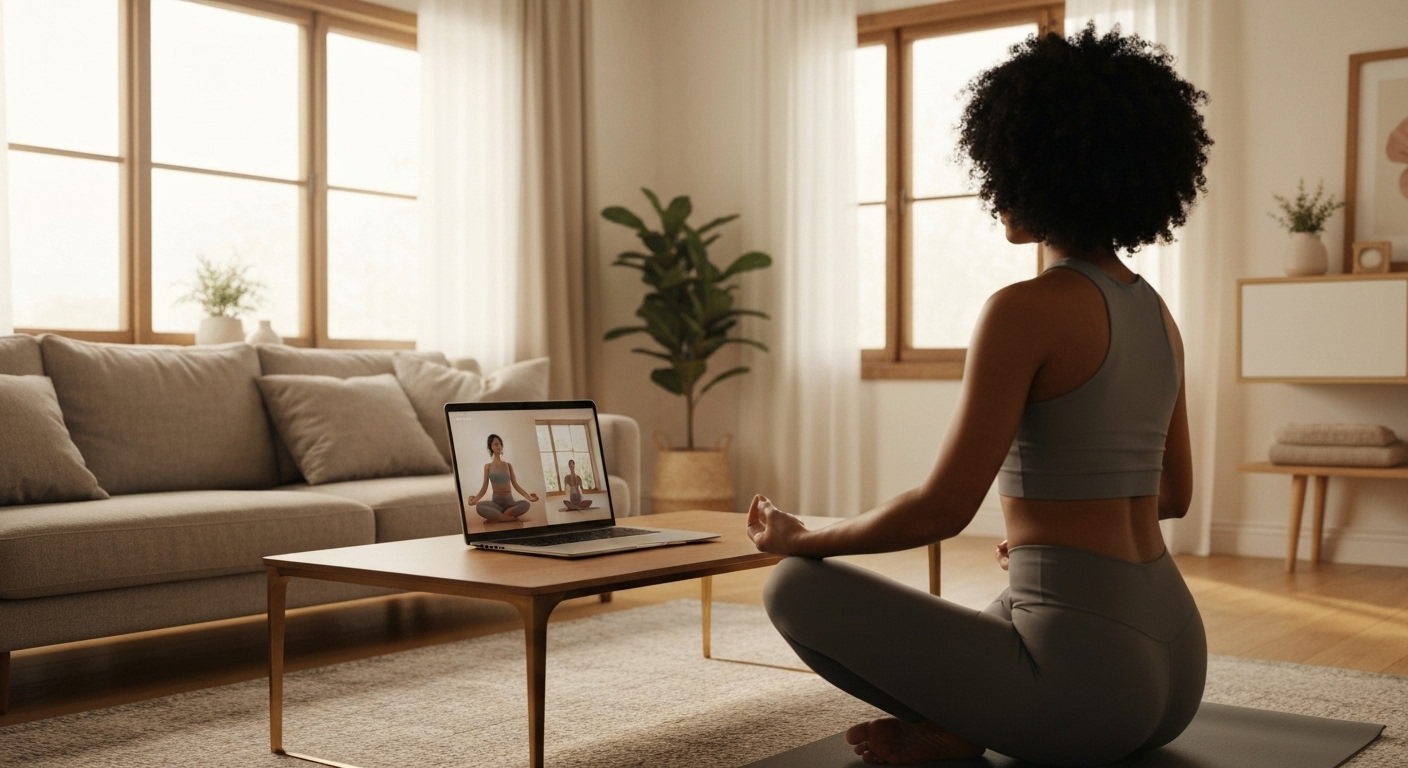 A woman practising a gentle yin yoga class online from her laptop