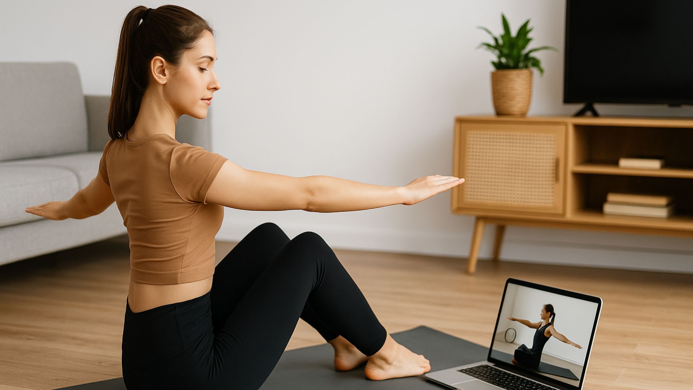 Laptop streaming live online class workout with community